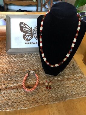 Handmade Orange, Tiger Eye and Cream Beaded Necklace with Earrings & bracelet